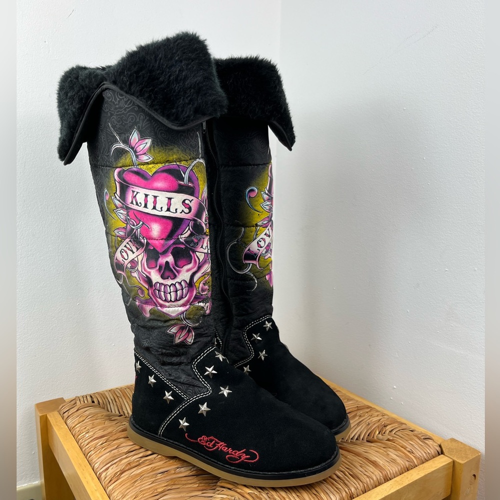 Ed Hardy Black Boots with Pink Skull Heart Artwork